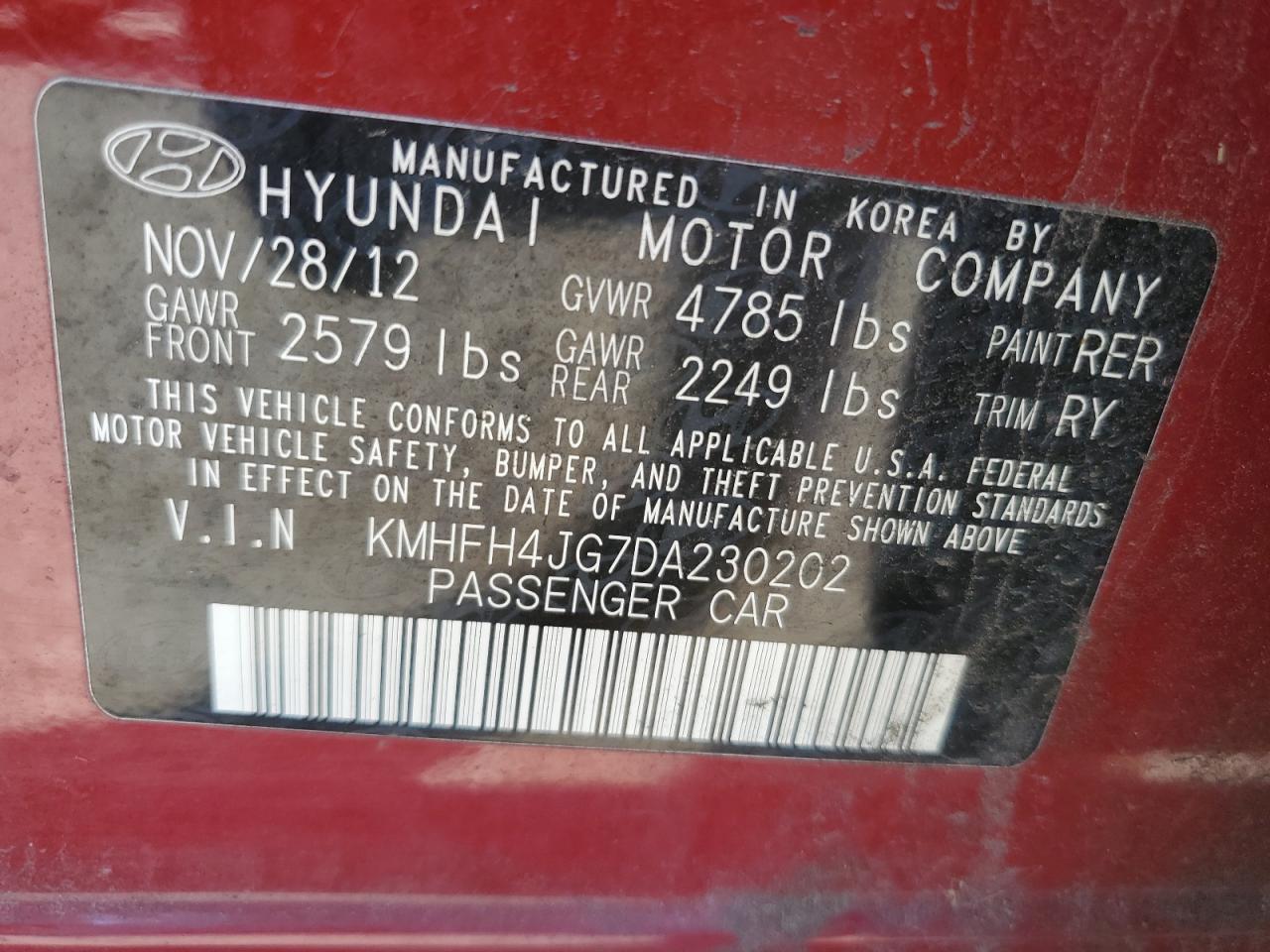 2013 Hyundai Azera Gls VIN: KMHFH4JG7DA230202 Lot: 66235325
