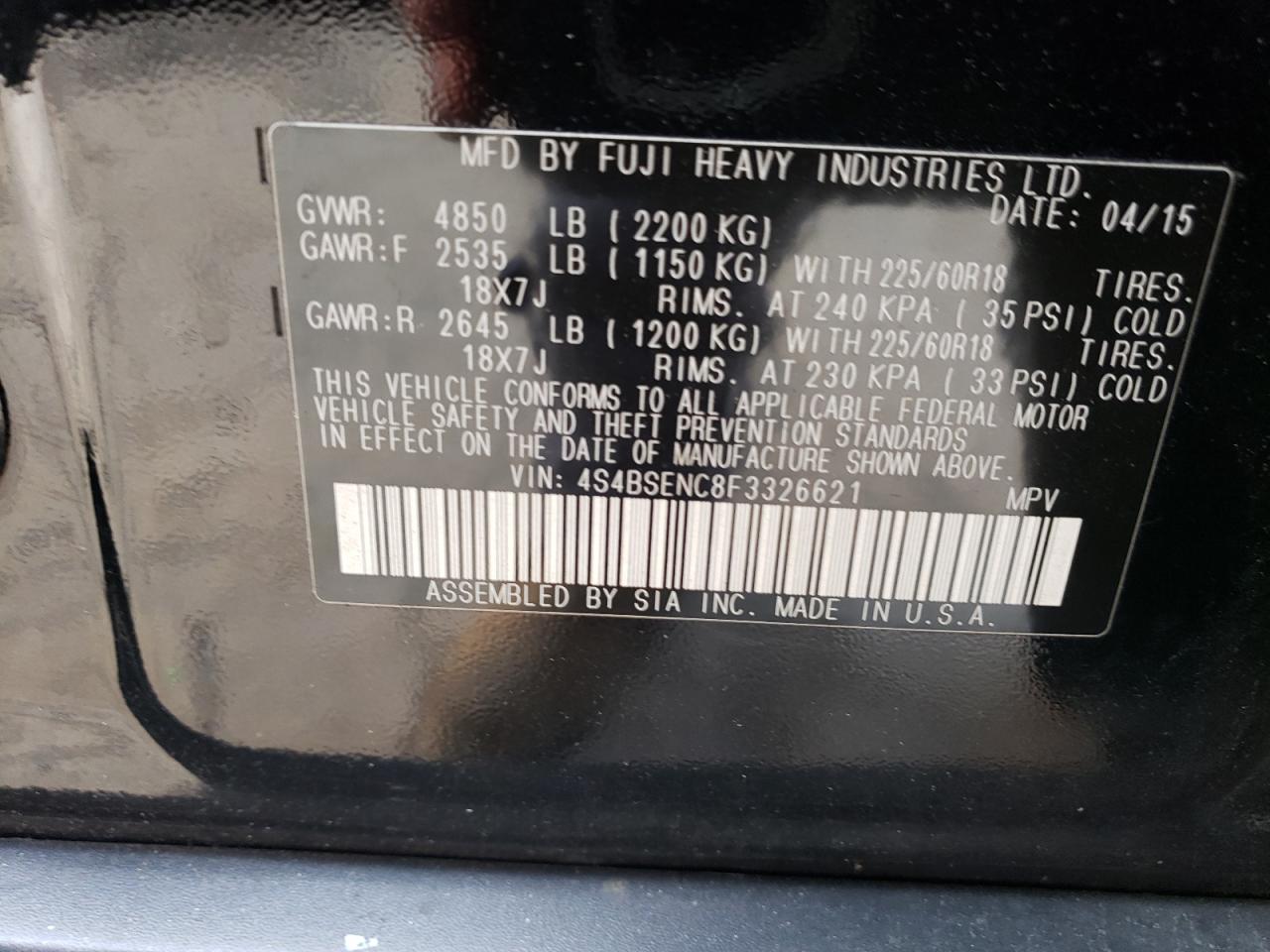 2015 Subaru Outback 3.6R Limited VIN: 4S4BSENC8F3326621 Lot: 67738215