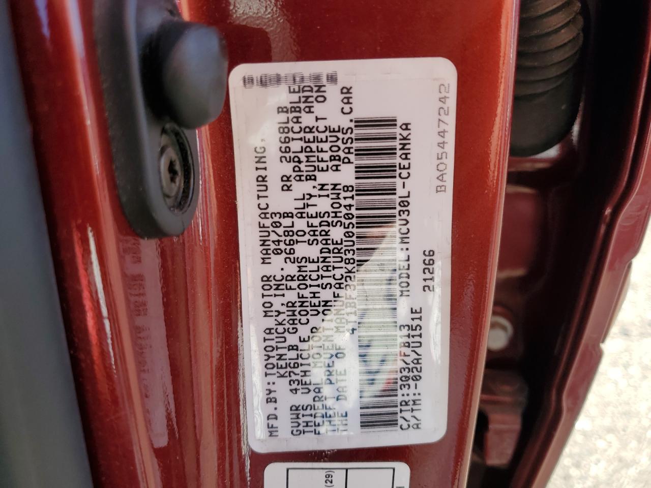 2003 Toyota Camry Le VIN: 4T1BF32K83U050418 Lot: 69842625