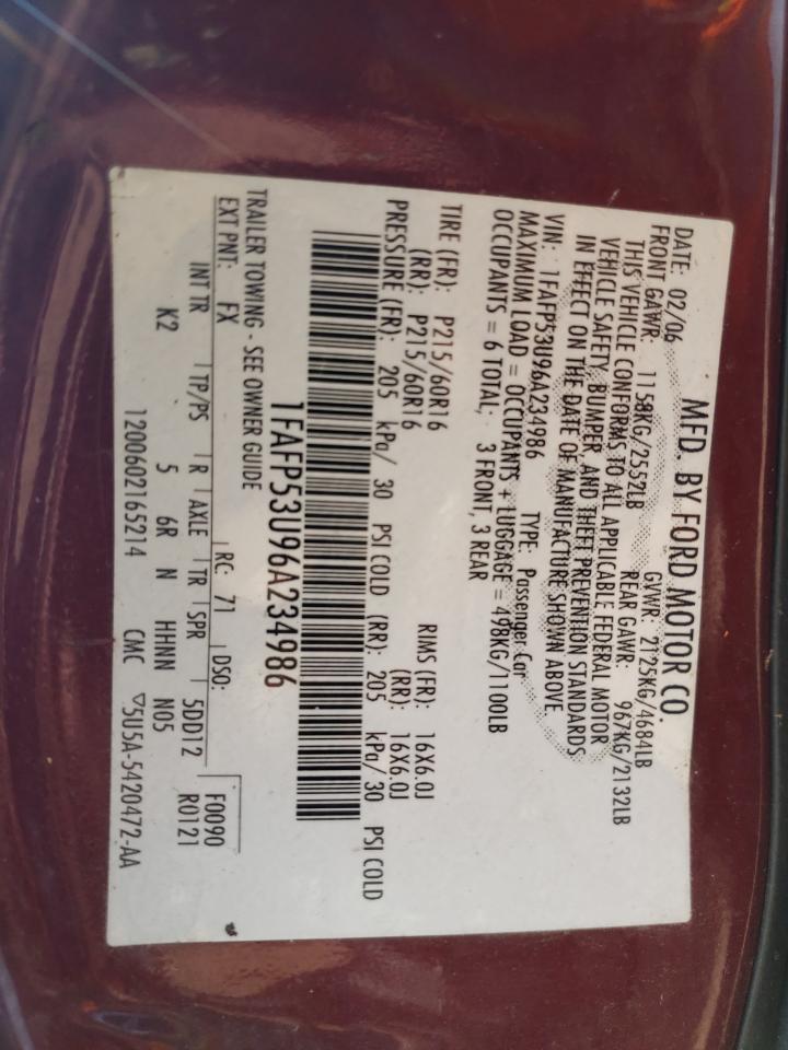 2006 Ford Taurus Se VIN: 1FAFP53U96A234986 Lot: 67616505