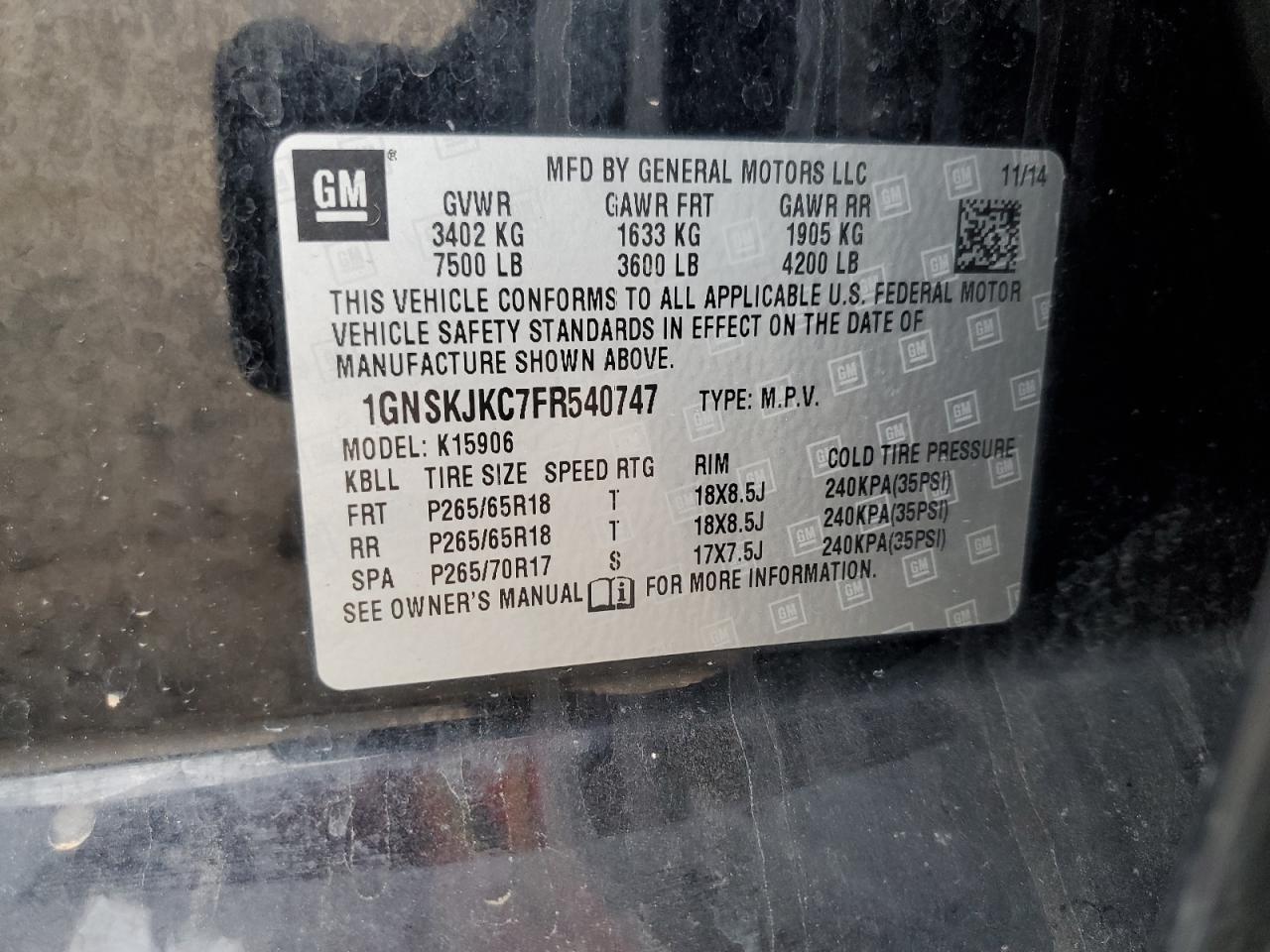 2015 Chevrolet Suburban K1500 Lt VIN: 1GNSKJKC7FR540747 Lot: 70587785