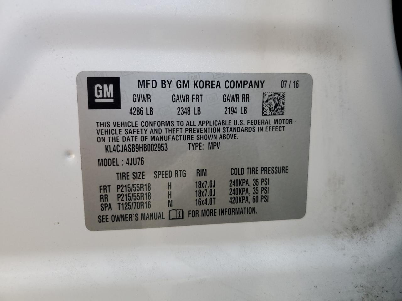 2017 Buick Encore Preferred VIN: KL4CJASB9HB002953 Lot: 84447675