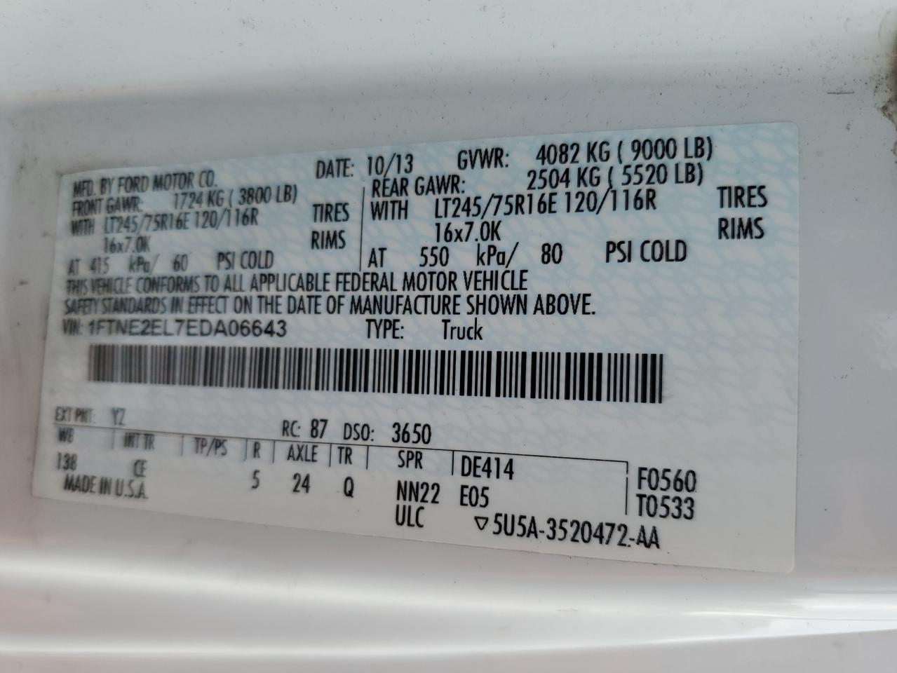 2014 Ford Econoline E250 Van VIN: 1FTNE2EL7EDA06643 Lot: 68538515