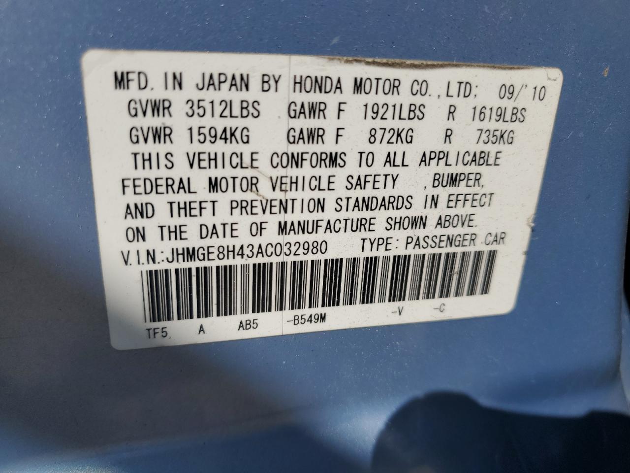 2010 Honda Fit Sport VIN: JHMGE8H43AC032980 Lot: 70039535