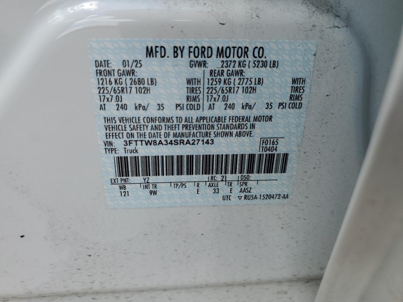 2025 Ford Maverick Xl VIN: 3FTTW8A34SRA27143 Lot: 67430365