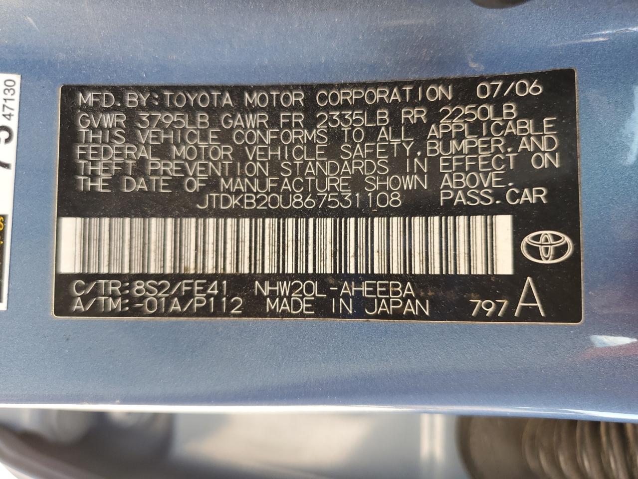 2006 Toyota Prius VIN: JTDKB20U867531108 Lot: 70222585