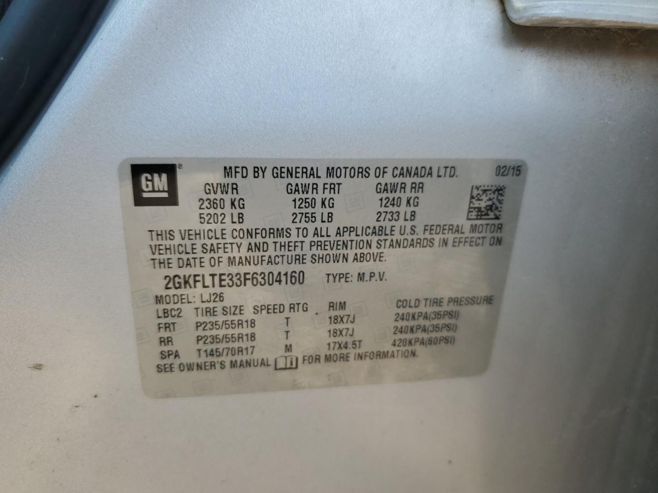 2015 GMC Terrain Slt VIN: 2GKFLTE33F6304160 Lot: 69911975