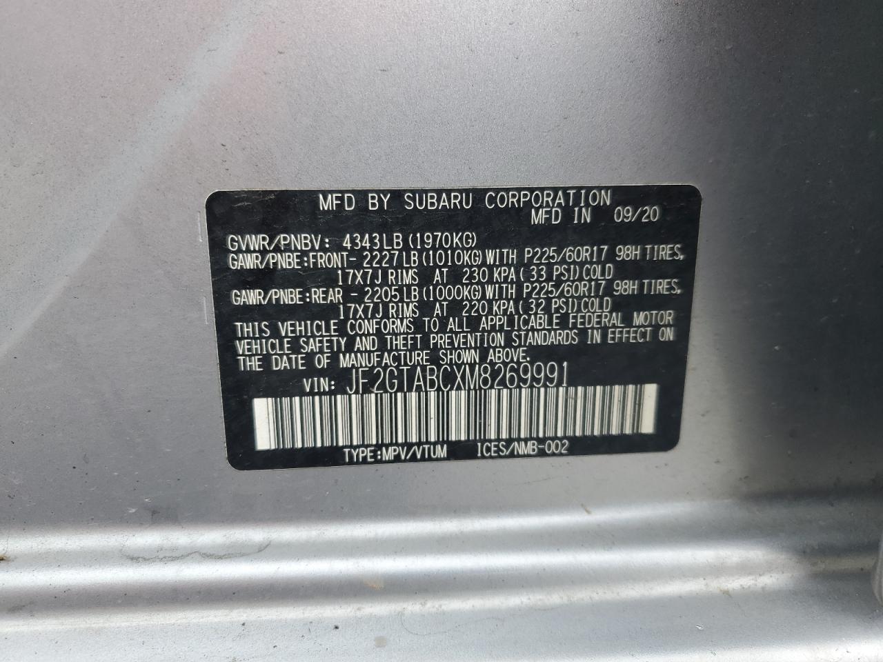 2021 Subaru Crosstrek VIN: JF2GTABCXM8269991 Lot: 69697365