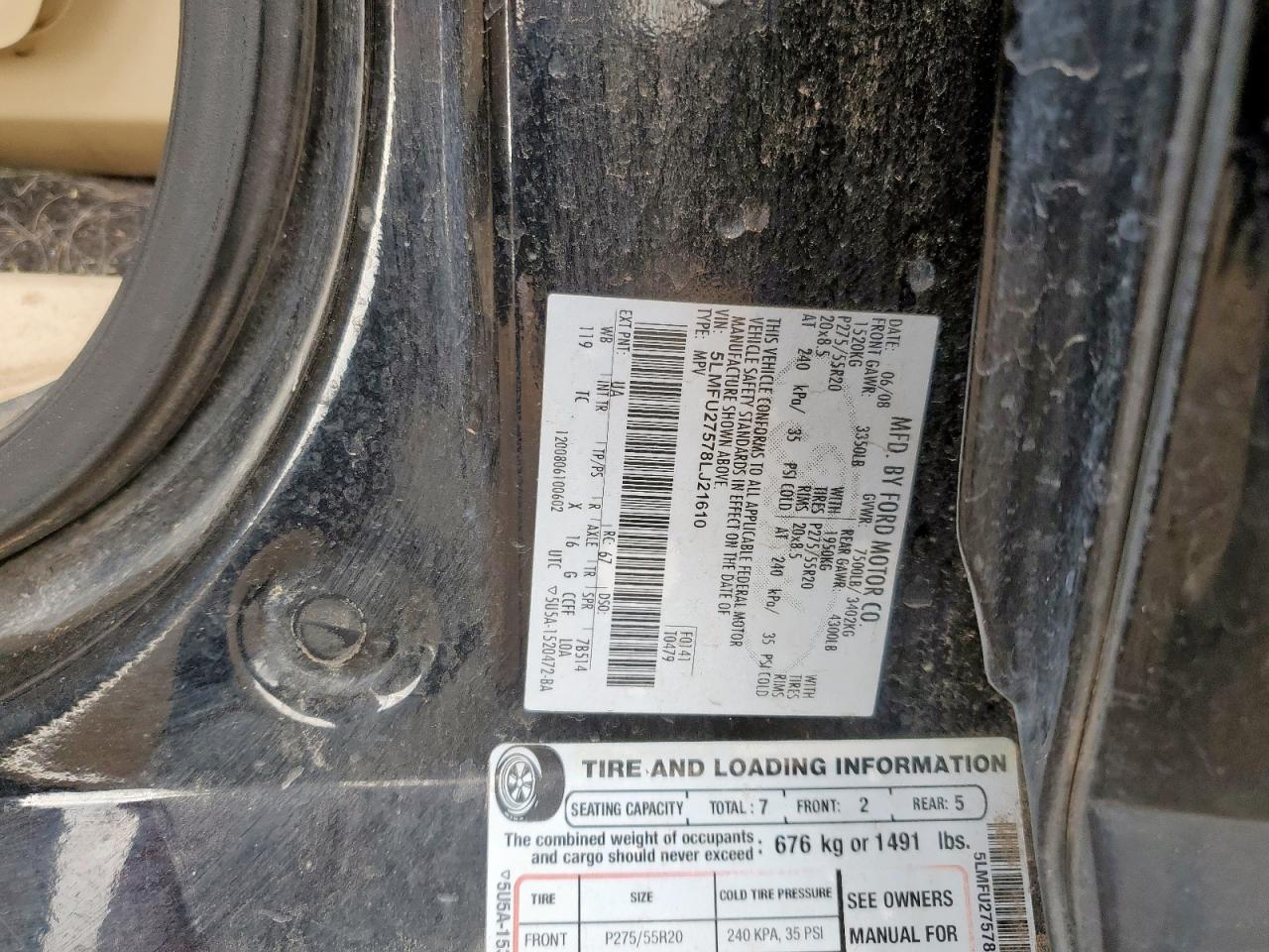 2008 Lincoln Navigator VIN: 5LMFU27578LJ21610 Lot: 70624325