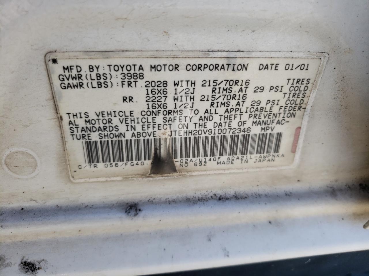 2001 Toyota Rav4 VIN: JTEHH20V910072346 Lot: 69279865