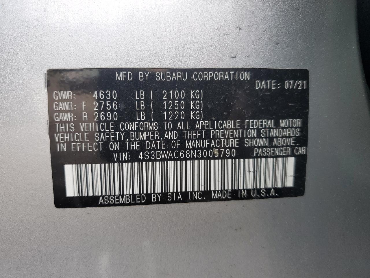 4S3BWAC68N3005790 2022 Subaru Legacy Premium