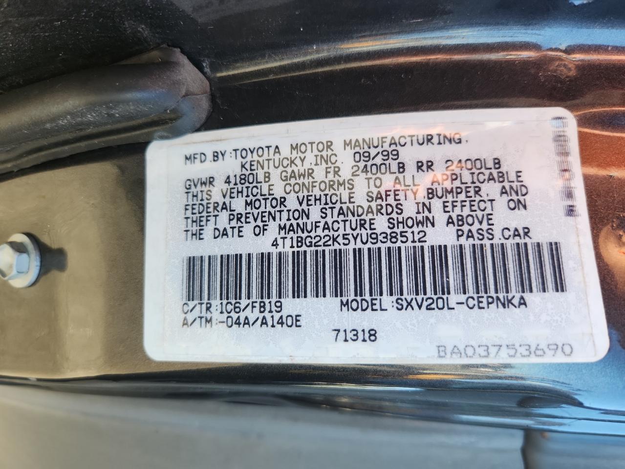 2000 Toyota Camry Ce VIN: 4T1BG22K5YU938512 Lot: 69760495