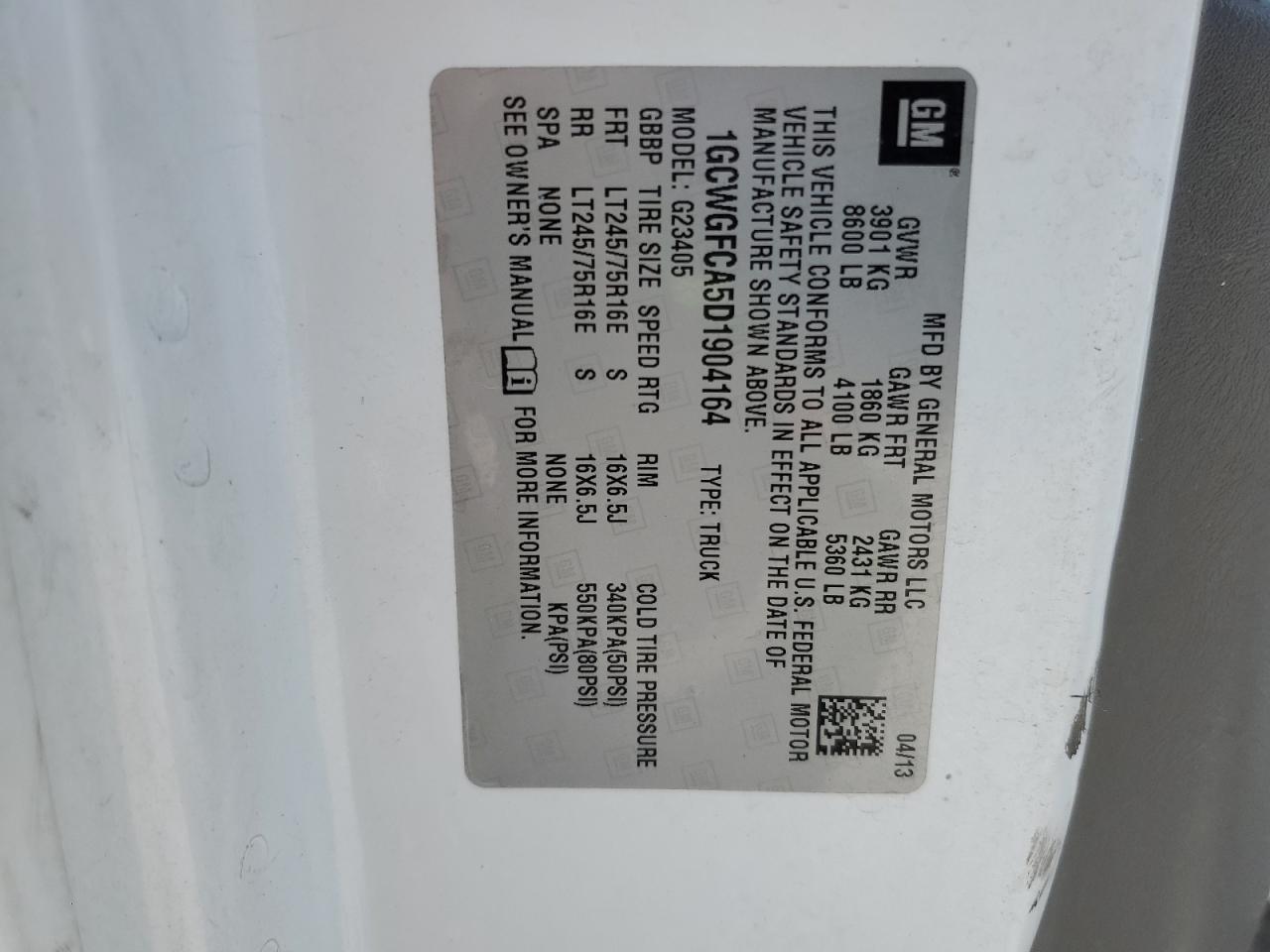 2013 Chevrolet Express G2500 VIN: 1GCWGFCA5D1904164 Lot: 58527535