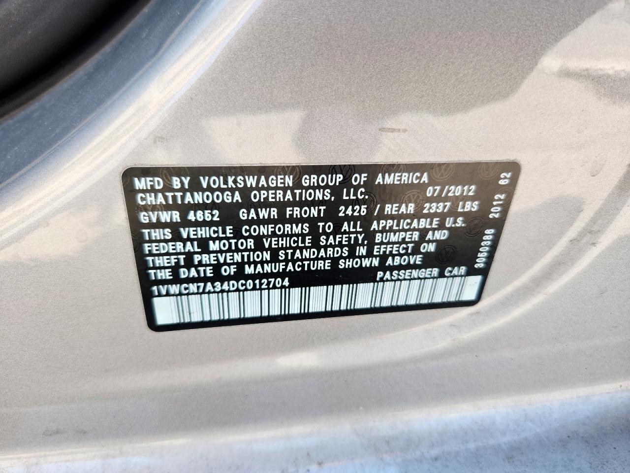 2013 Volkswagen Passat Sel VIN: 1VWCN7A34DC012704 Lot: 70864455