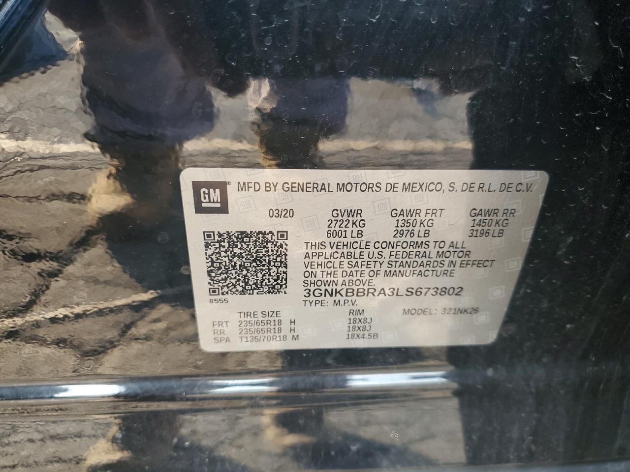 2020 Chevrolet Blazer 1Lt VIN: 3GNKBBRA3LS673802 Lot: 69015975