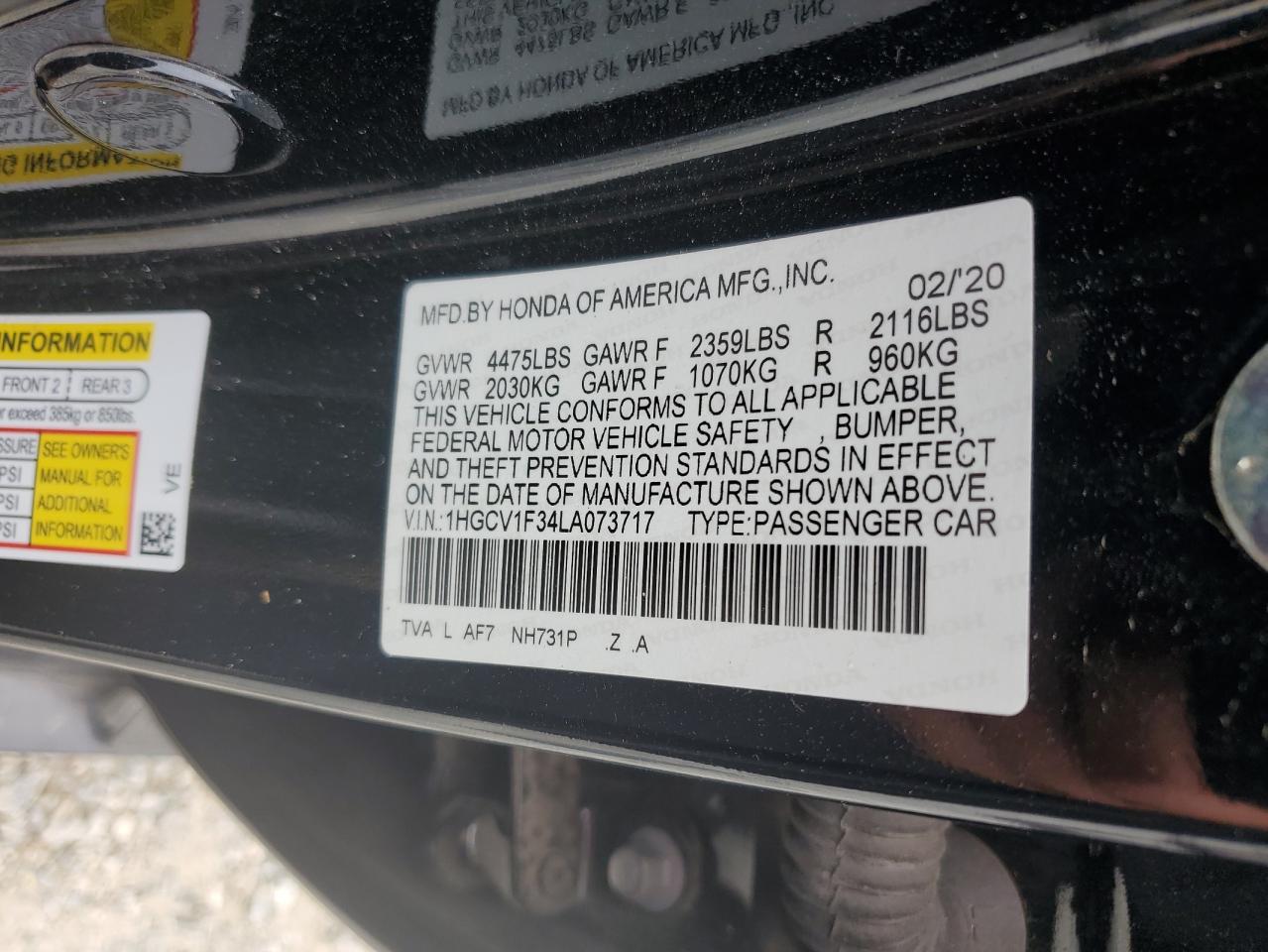 2020 Honda Accord Sport VIN: 1HGCV1F34LA073717 Lot: 69787375