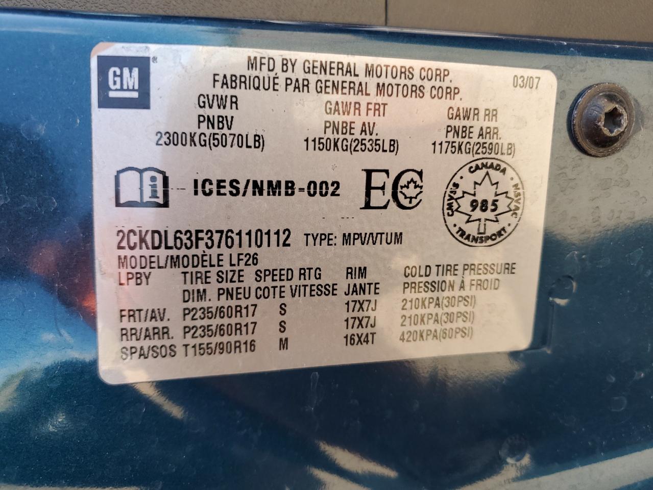 2007 Pontiac Torrent VIN: 2CKDL63F376110112 Lot: 65953825