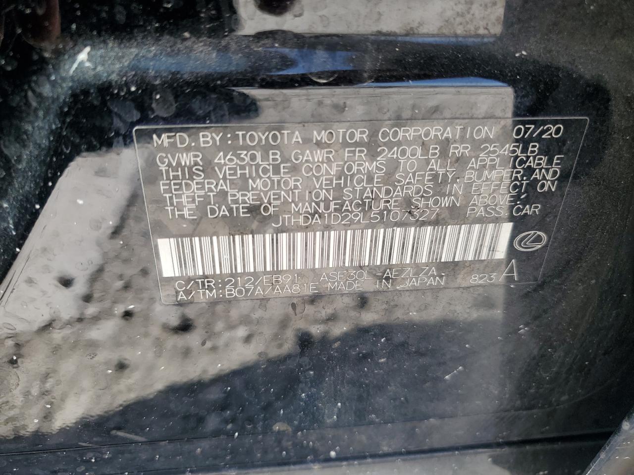 2020 Lexus Is 300 Premium VIN: JTHDA1D29L5107327 Lot: 65461885