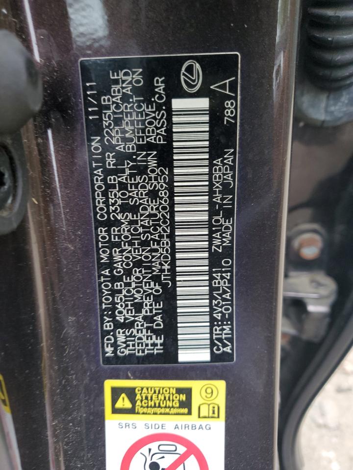 2012 Lexus Ct 200 VIN: JTHKD5BH2C2068952 Lot: 68134995