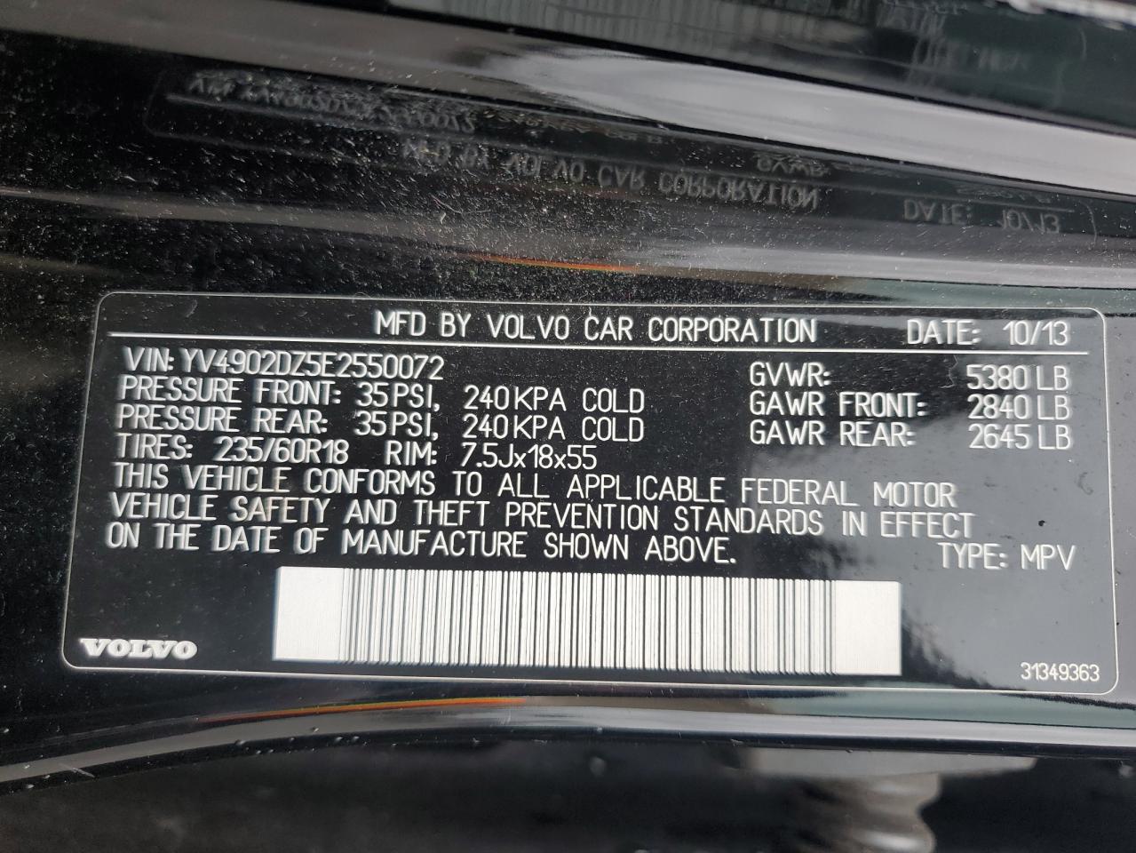 2014 Volvo Xc60 T6 VIN: YV4902DZ5E2550072 Lot: 69417875