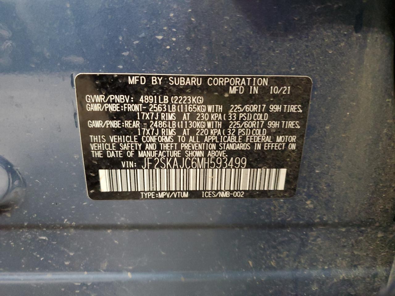 2021 Subaru Forester Premium VIN: JF2SKAJC6MH593499 Lot: 69435535