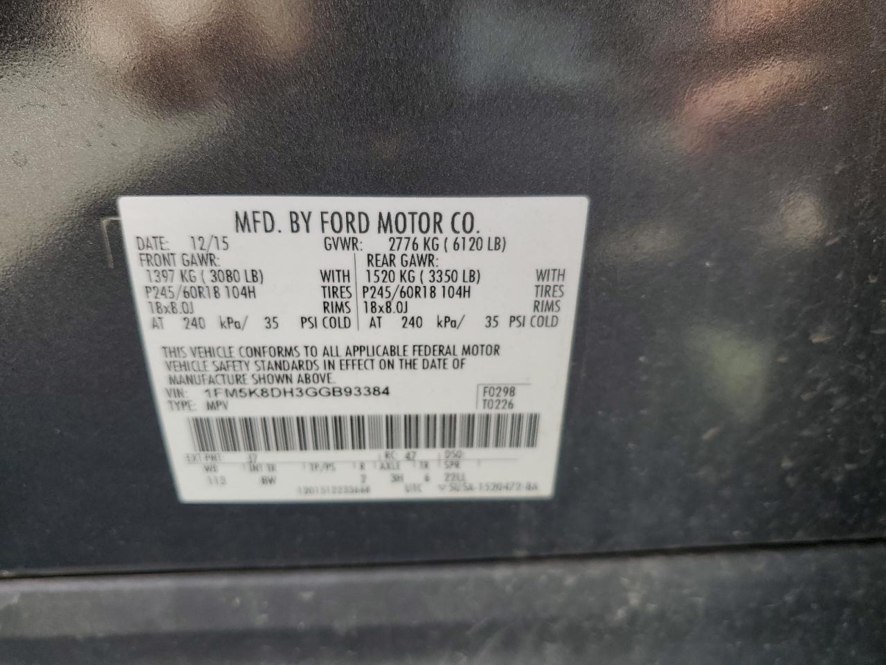 2016 Ford Explorer Xlt VIN: 1FM5K8DH3GGB93384 Lot: 70379785