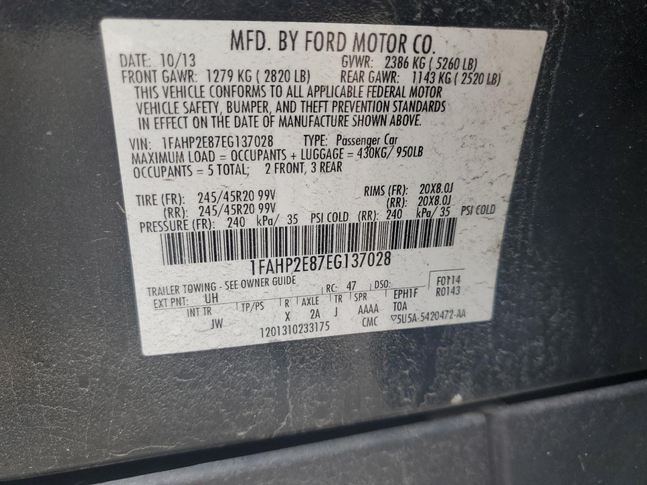2014 Ford Taurus Sel VIN: 1FAHP2E87EG137028 Lot: 67407205