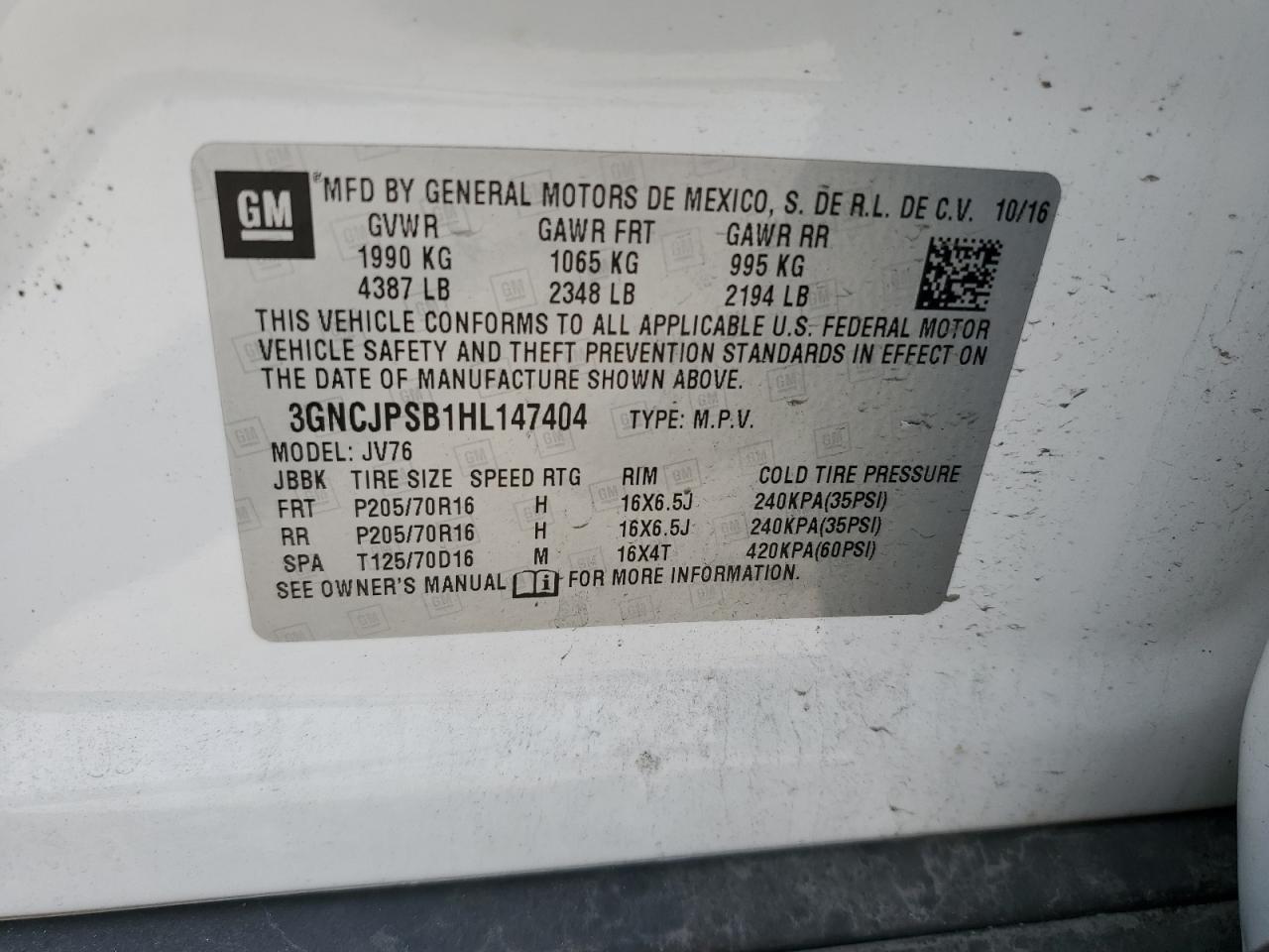 2017 Chevrolet Trax 1Lt VIN: 3GNCJPSB1HL147404 Lot: 67366925