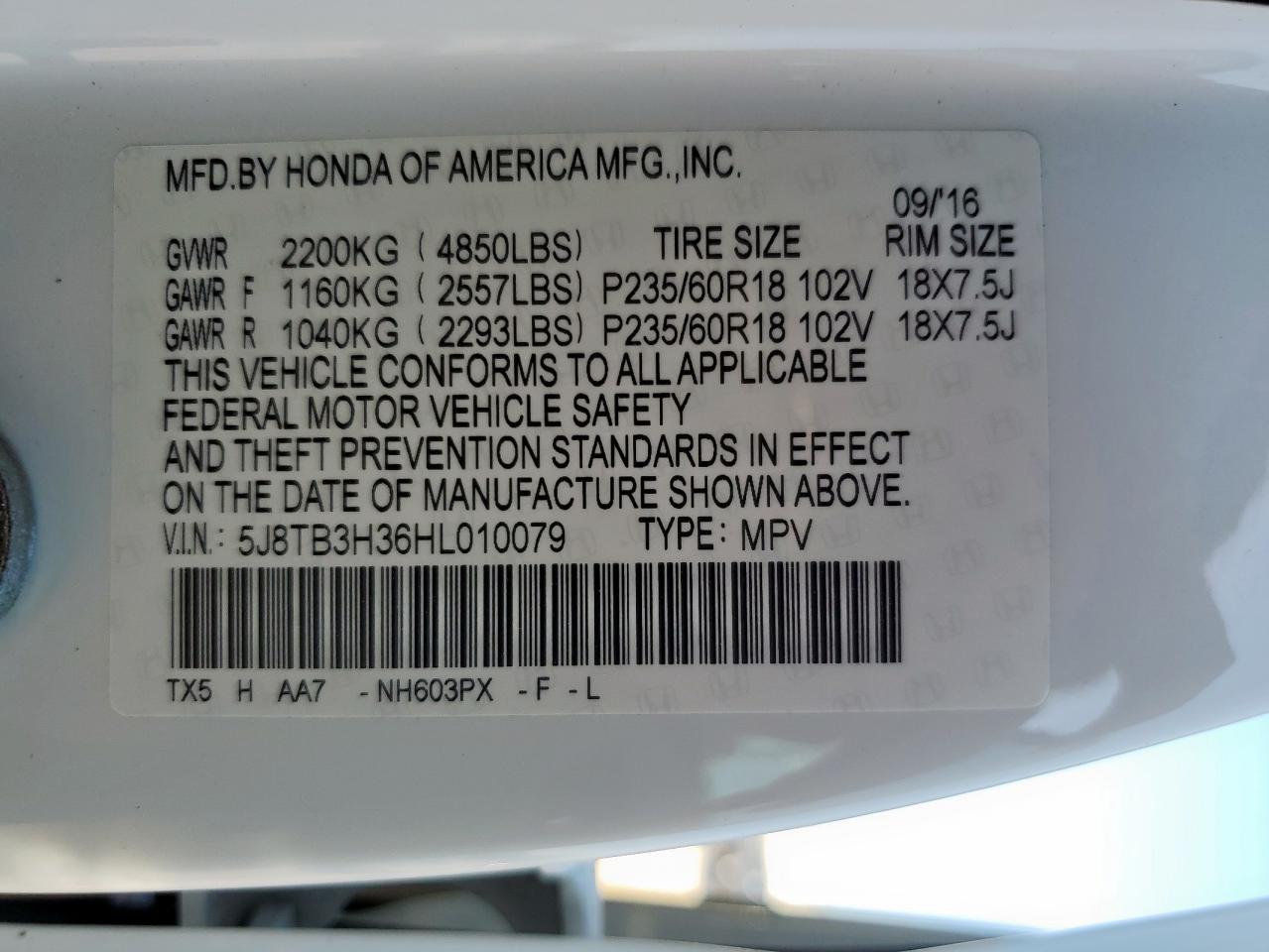 2017 Acura Rdx VIN: 5J8TB3H36HL010079 Lot: 68665645