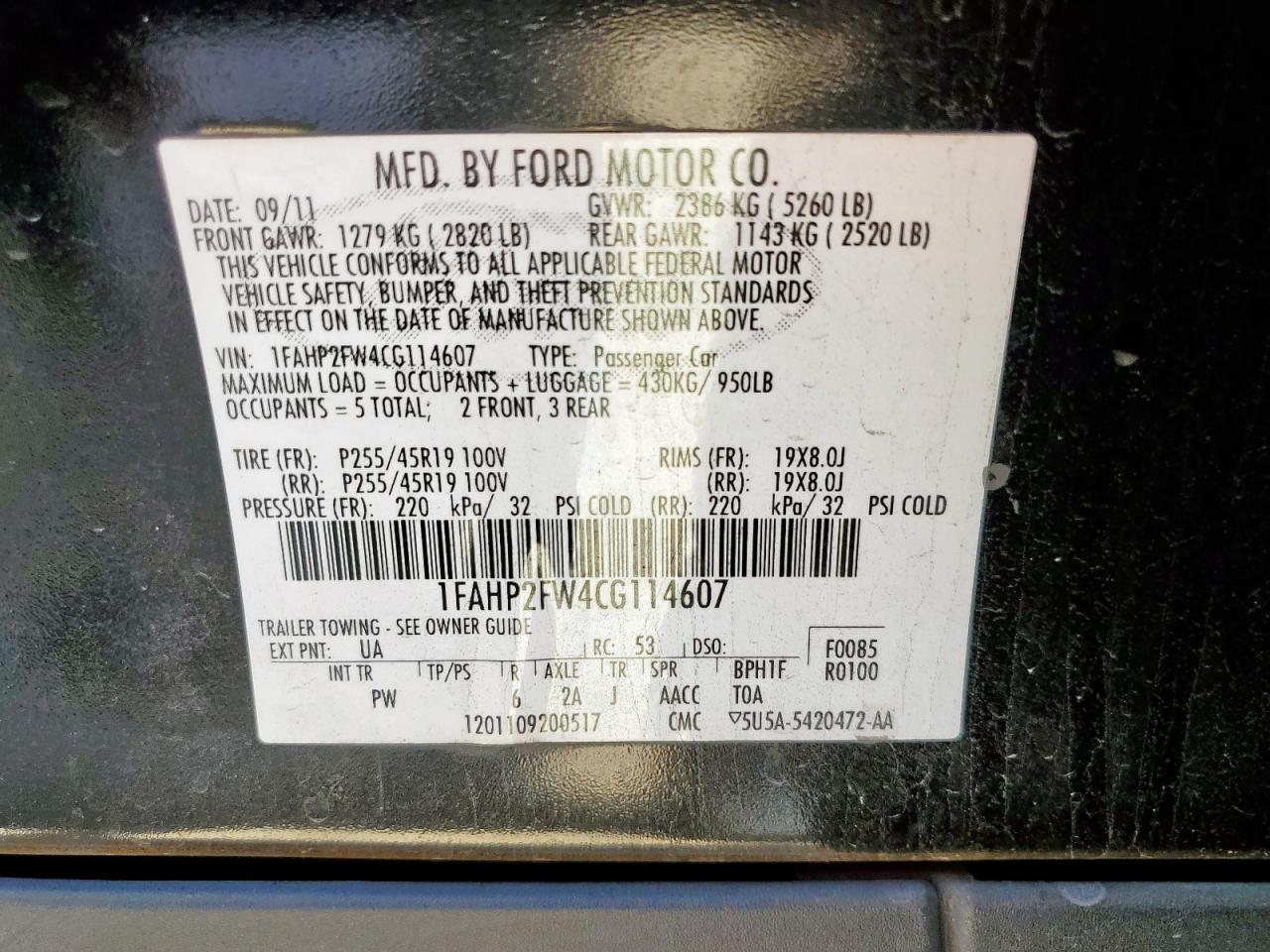 2012 Ford Taurus Limited VIN: 1FAHP2FW4CG114607 Lot: 69321695