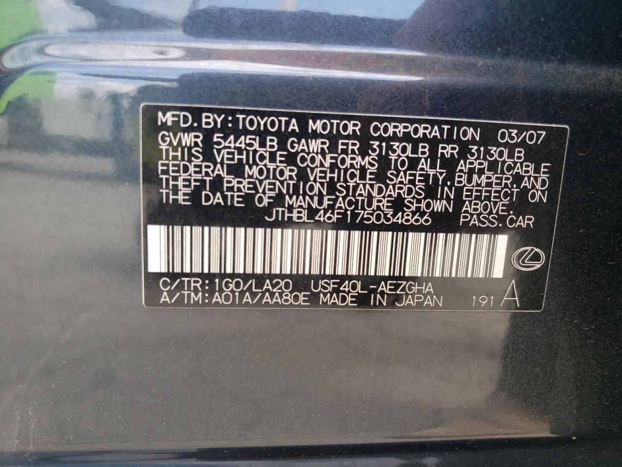 2007 Lexus Ls 460 VIN: JTHBL46F175034866 Lot: 66232385