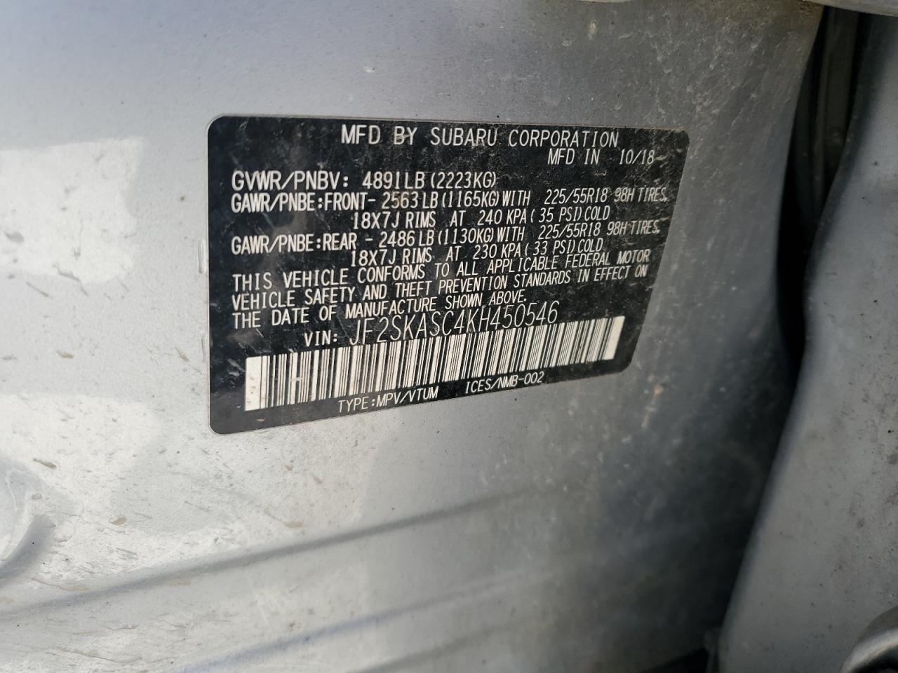 2019 Subaru Forester Limited VIN: JF2SKASC4KH450546 Lot: 70888625