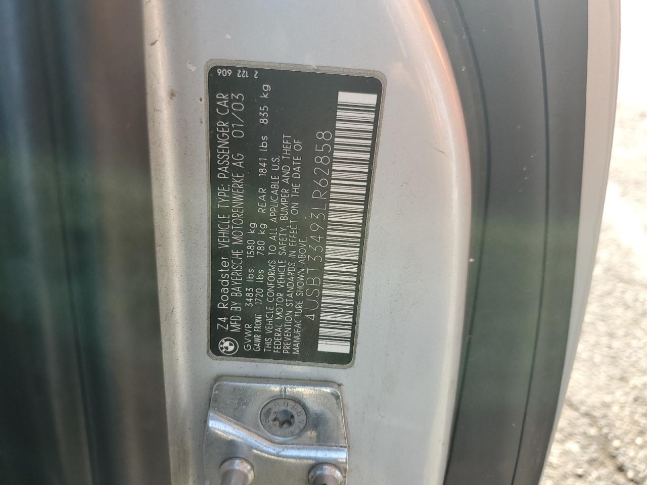 2003 BMW Z4 2.5 VIN: 4USBT33493LR62858 Lot: 65813095