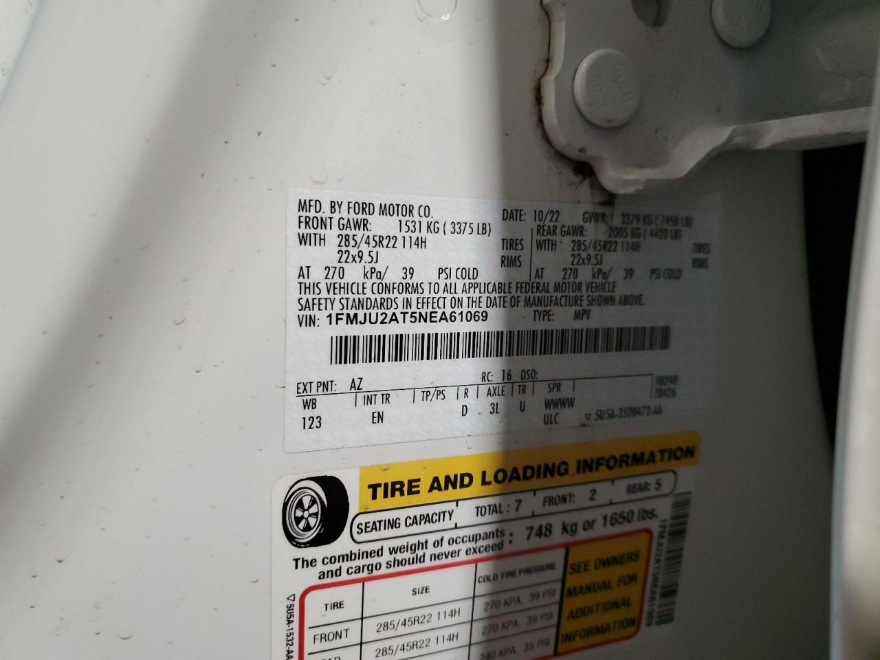 2022 Ford Expedition Limited VIN: 1FMJU2AT5NEA61069 Lot: 68163485