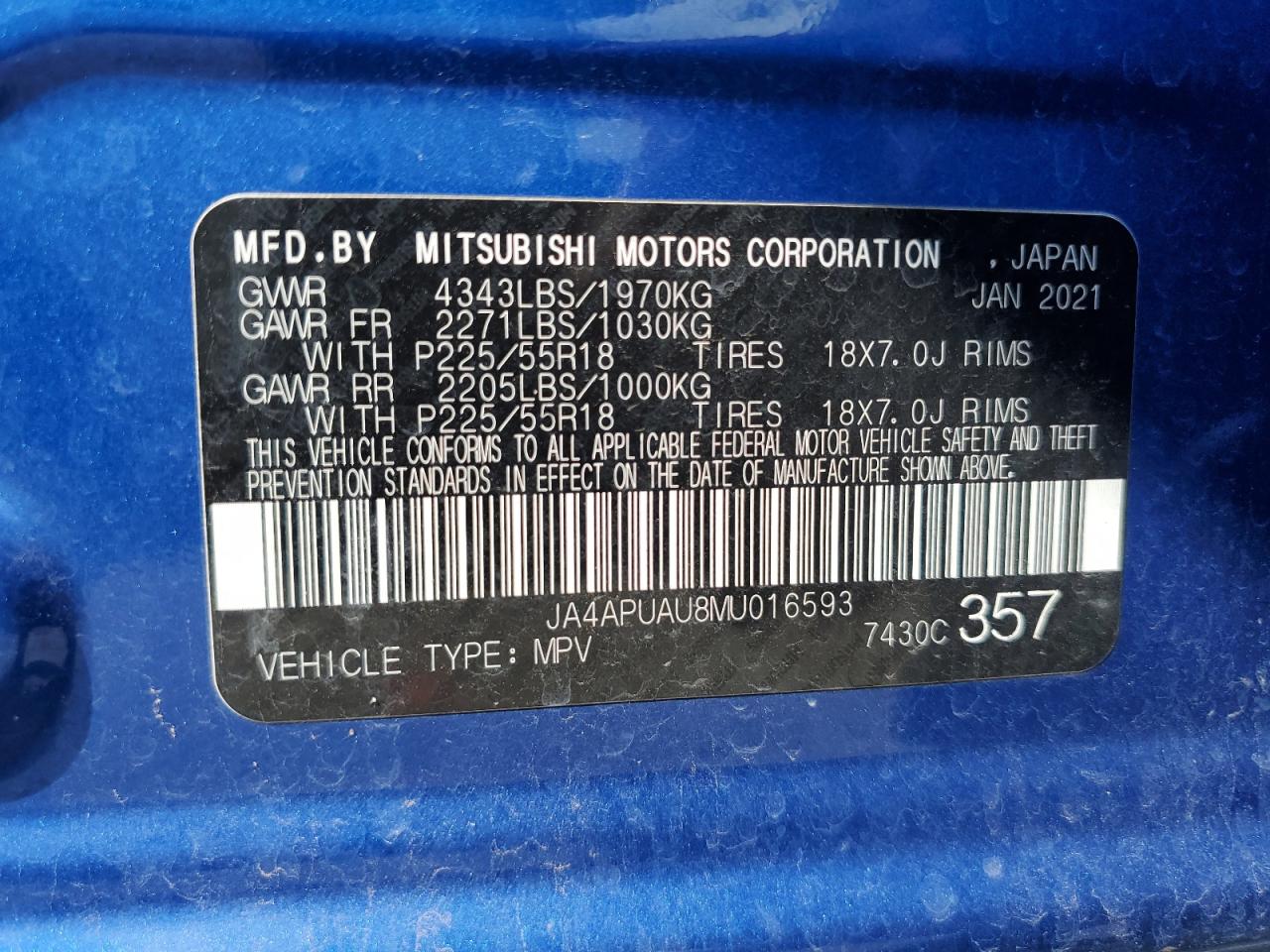 2021 Mitsubishi Outlander Sport Es VIN: JA4APUAU8MU016593 Lot: 69931085