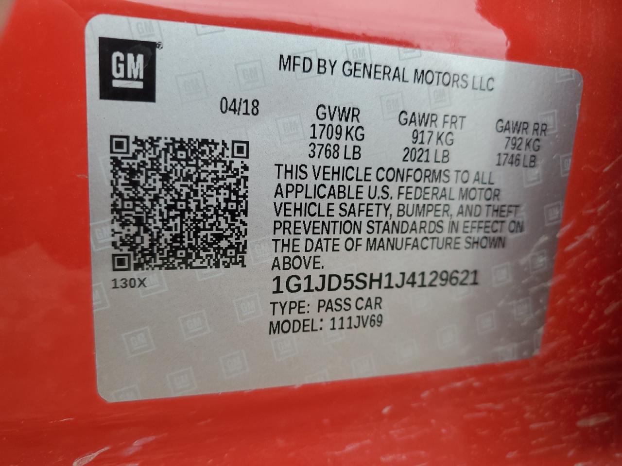 2018 Chevrolet Sonic Lt VIN: 1G1JD5SH1J4129621 Lot: 69932105