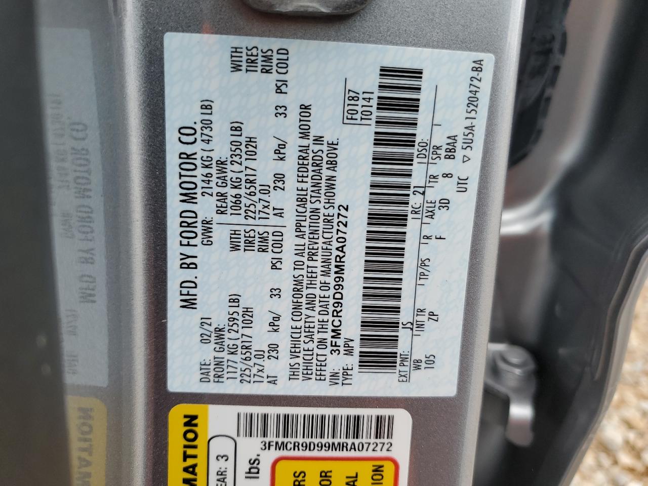 2021 Ford Bronco Sport Badlands VIN: 3FMCR9D99MRA07272 Lot: 69122715