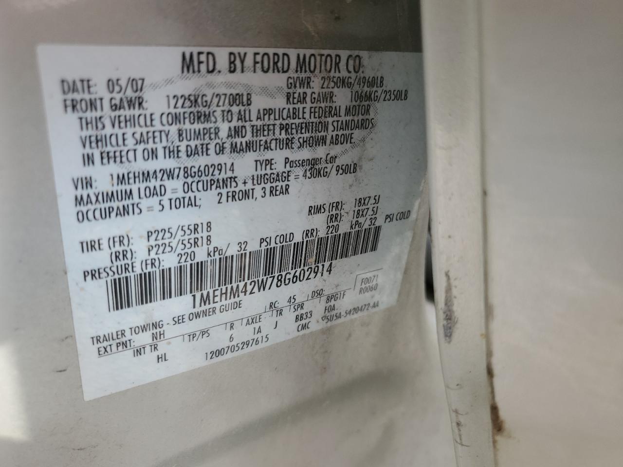 2008 Mercury Sable Premier VIN: 1MEHM42W78G602914 Lot: 68785165