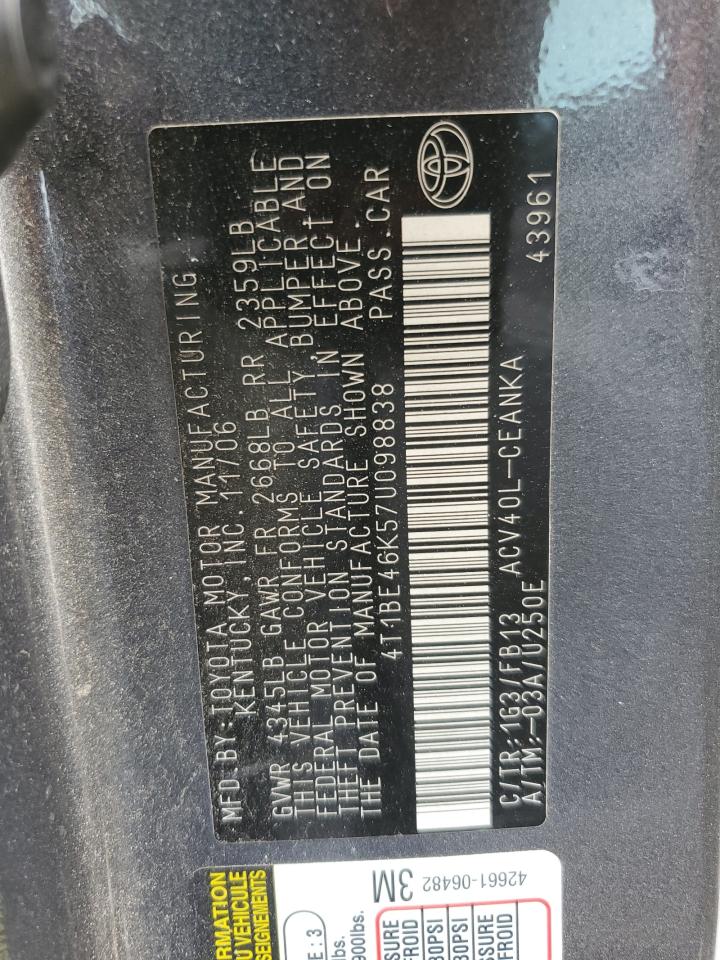 2007 Toyota Camry Ce VIN: 4T1BE46K57U098838 Lot: 67870185