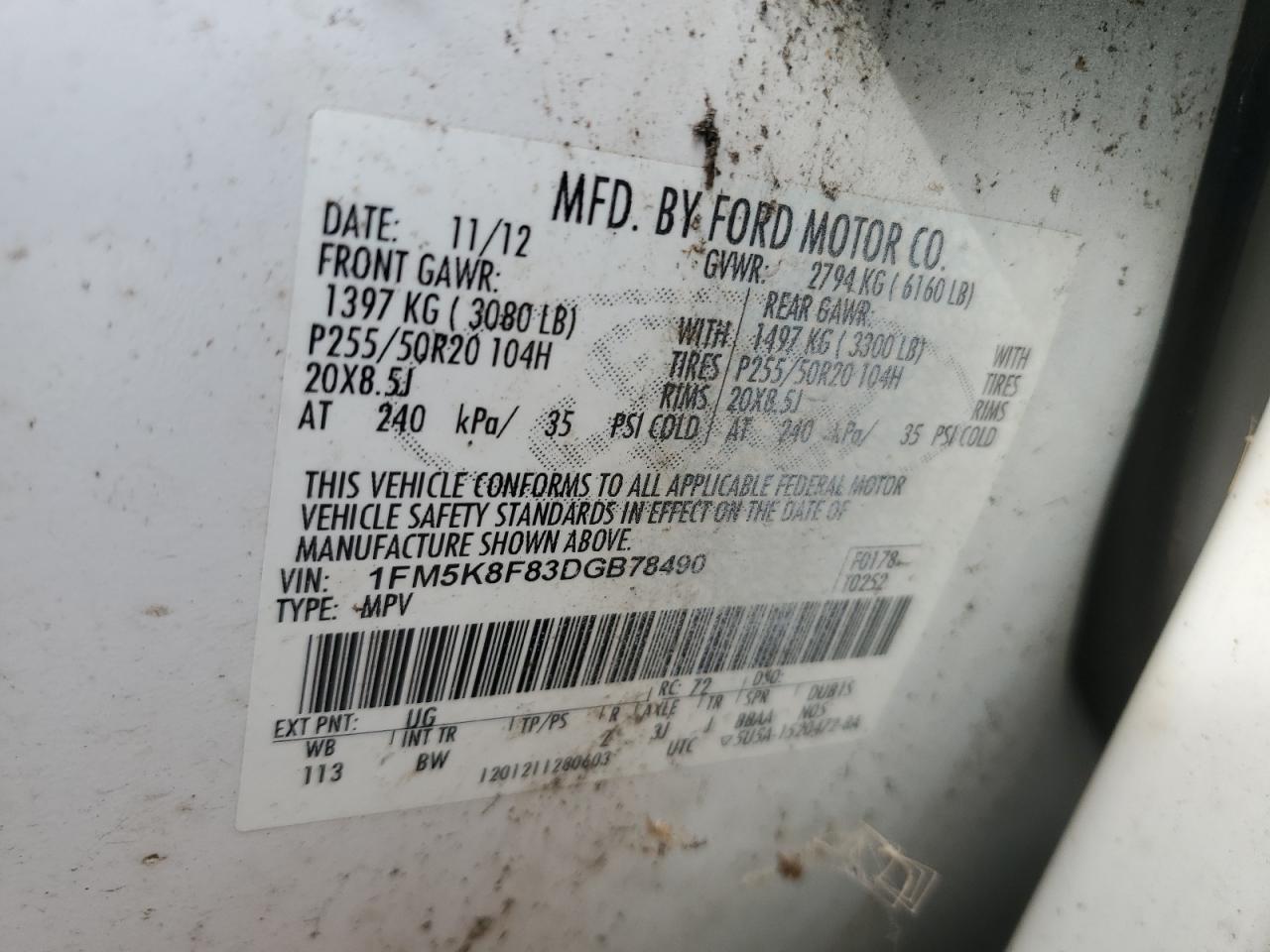 2013 Ford Explorer Limited VIN: 1FM5K8F83DGB78490 Lot: 67827945