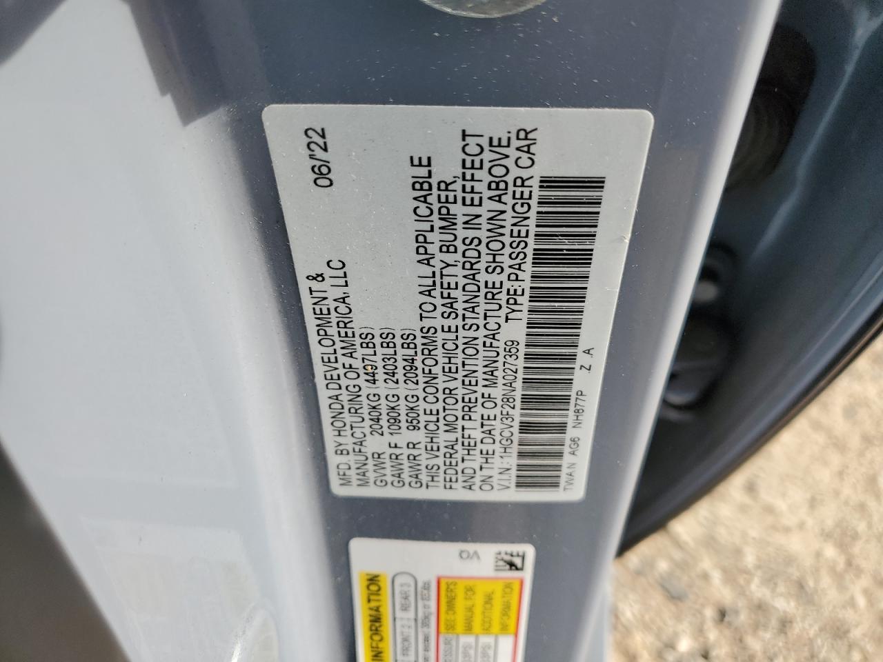 2022 Honda Accord Hybrid Sport VIN: 1HGCV3F28NA027359 Lot: 68123625