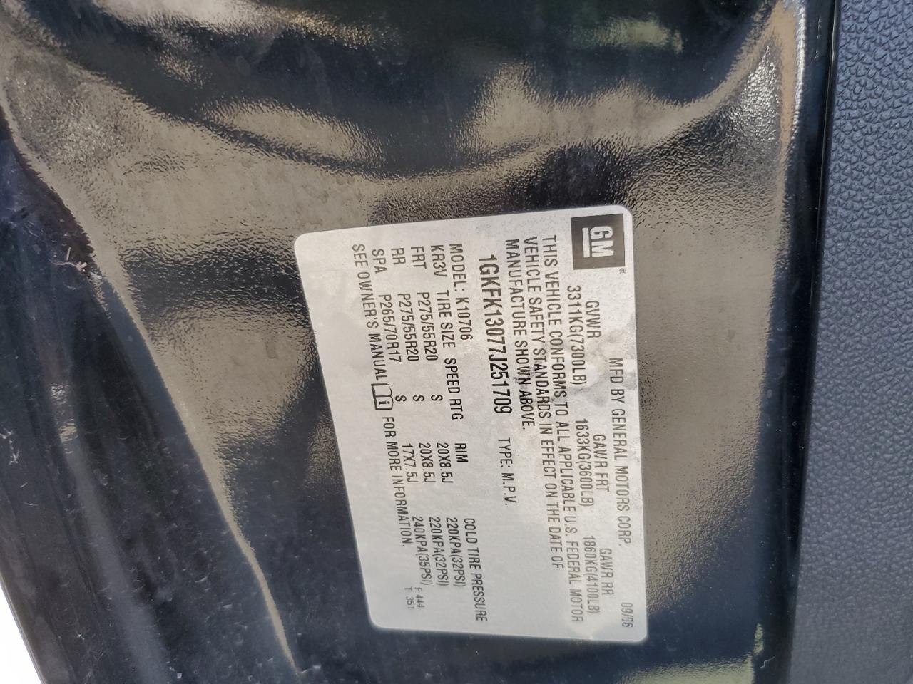 2007 GMC Yukon VIN: 1GKFK13077J251709 Lot: 67826225