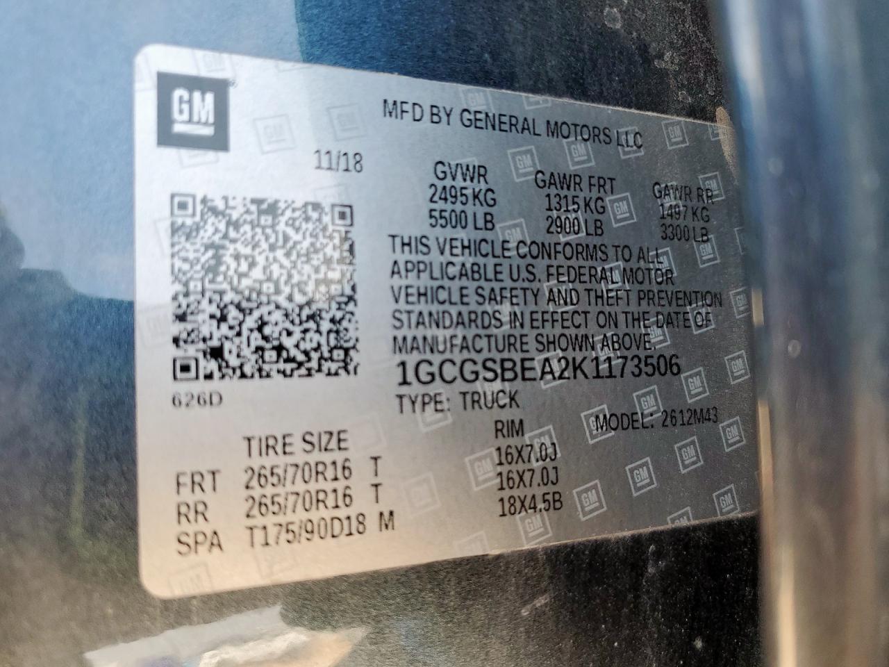 2019 Chevrolet Colorado VIN: 1GCGSBEA2K1173506 Lot: 69312975