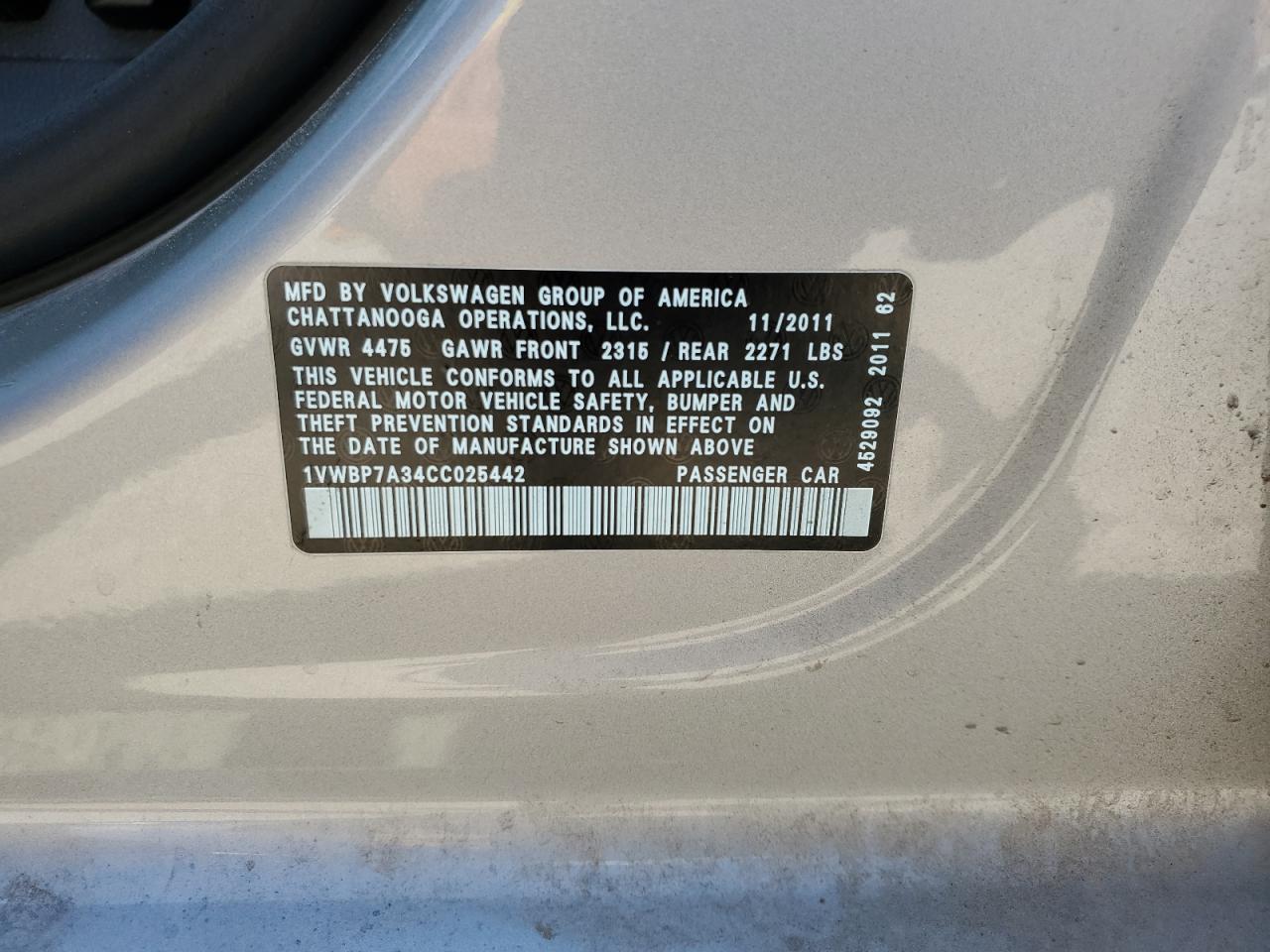 2012 Volkswagen Passat Se VIN: 1VWBP7A34CC025442 Lot: 66946055