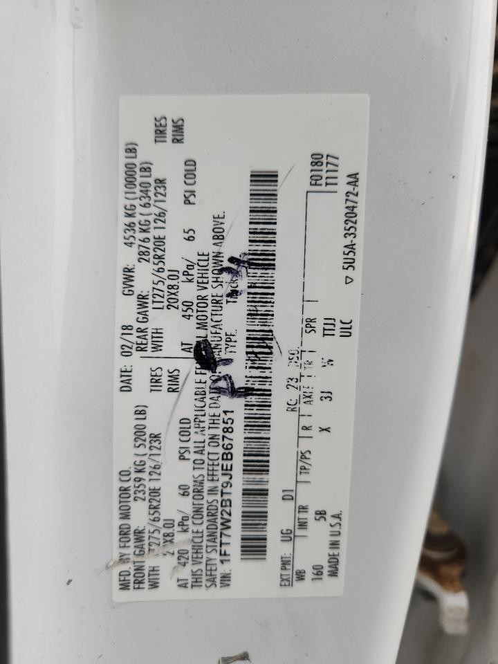 2018 Ford F250 Super Duty VIN: 1FT7W2BT9JEB67851 Lot: 68863095