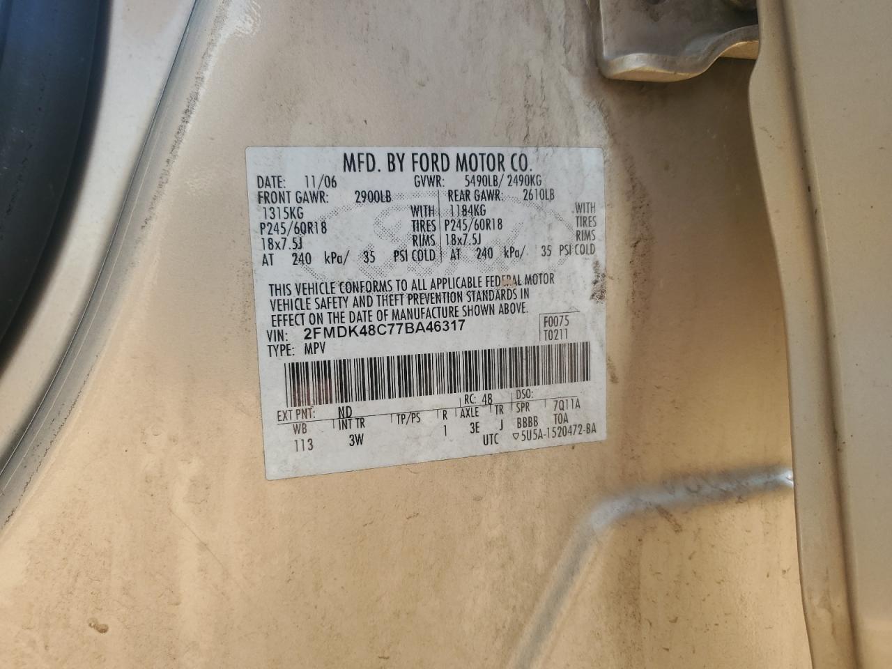 2007 Ford Edge Sel VIN: 2FMDK48C77BA46317 Lot: 70043595