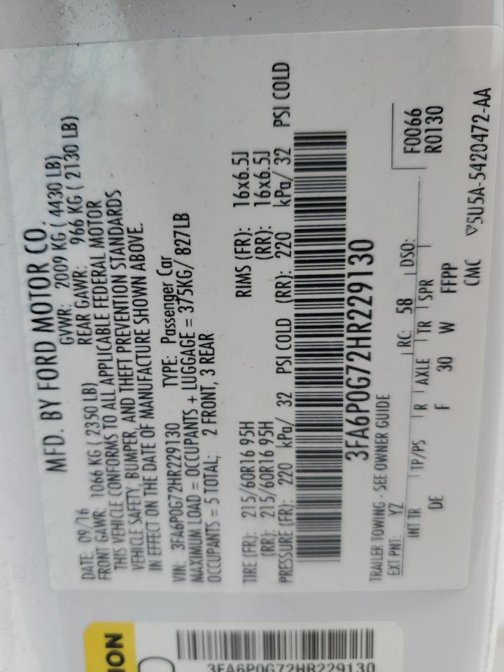 2017 Ford Fusion S VIN: 3FA6P0G72HR229130 Lot: 70669485