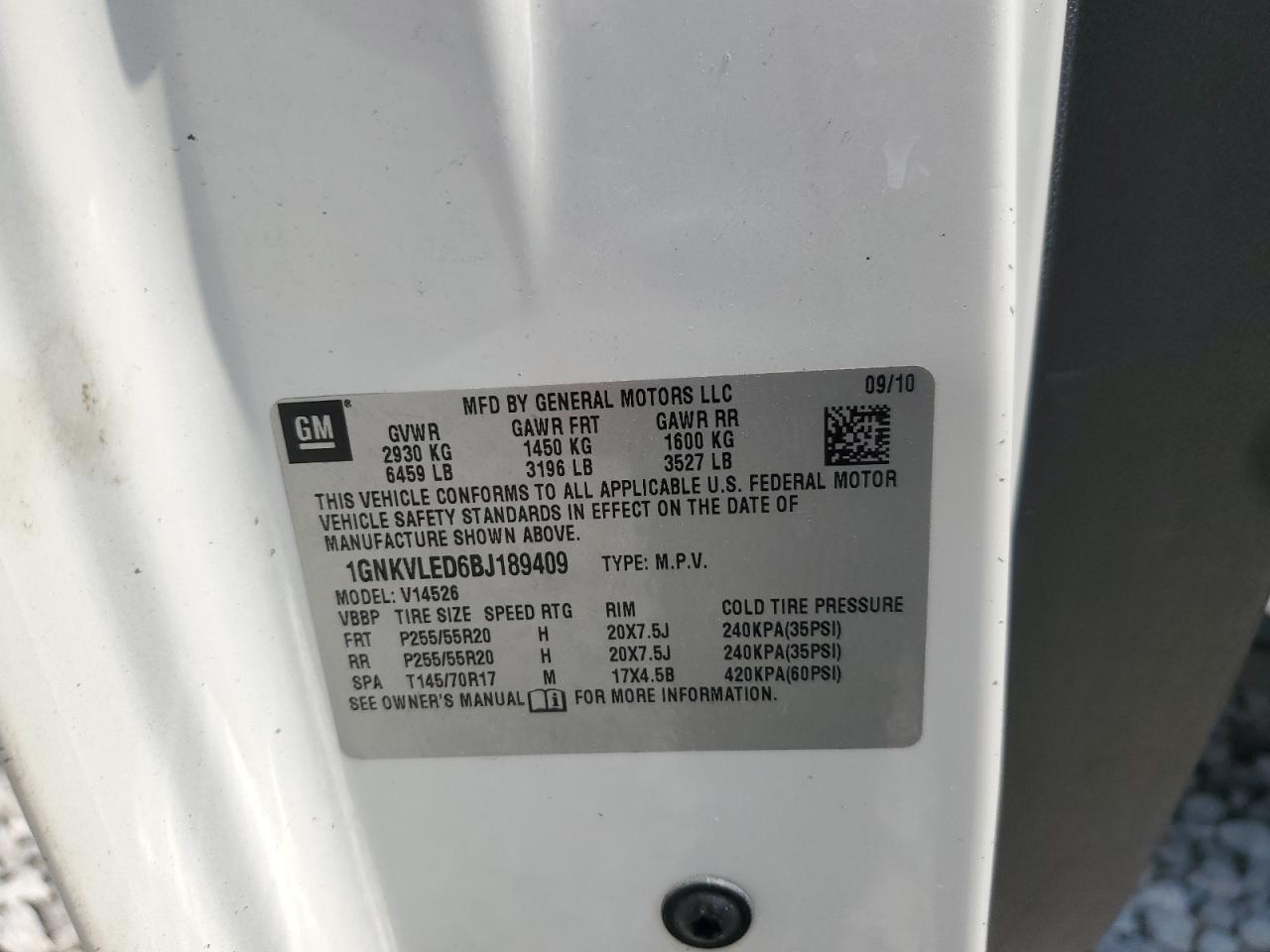 2011 Chevrolet Traverse Ltz VIN: 1GNKVLED6BJ189409 Lot: 67265835