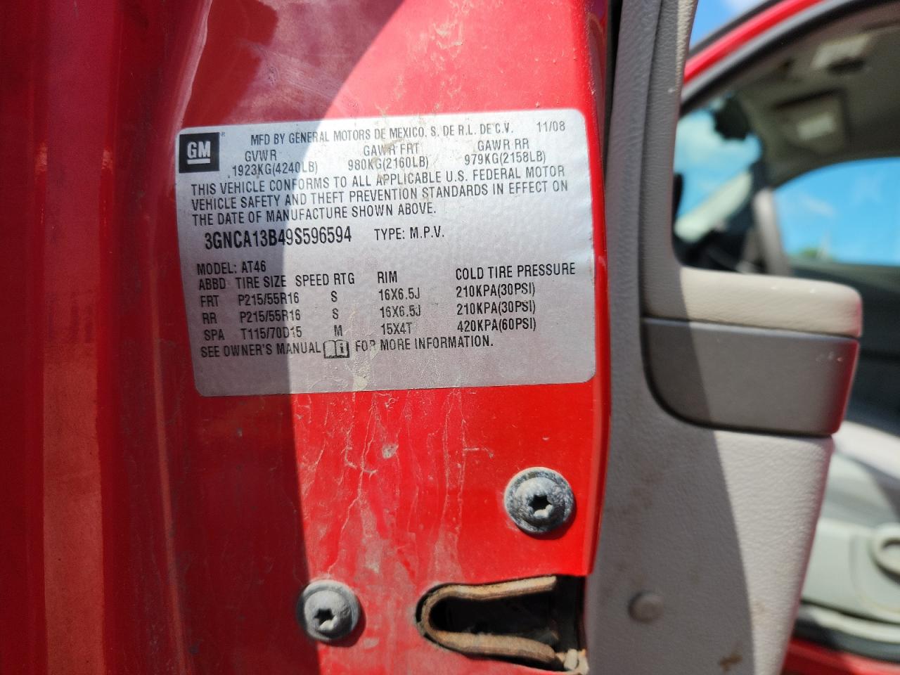 2009 Chevrolet Hhr Ls VIN: 3GNCA13B49S596594 Lot: 69505975