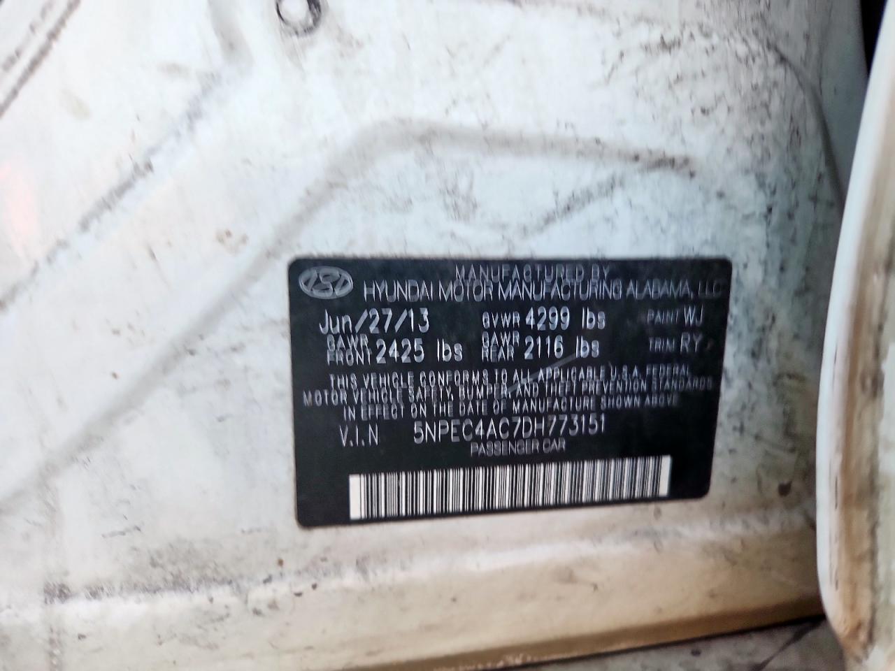 2013 Hyundai Sonata Se VIN: 5NPEC4AC7DH773151 Lot: 70708935